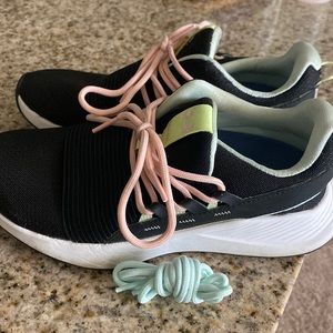 Under Armor multicoloured athletic shoes with neon orange and green laces!